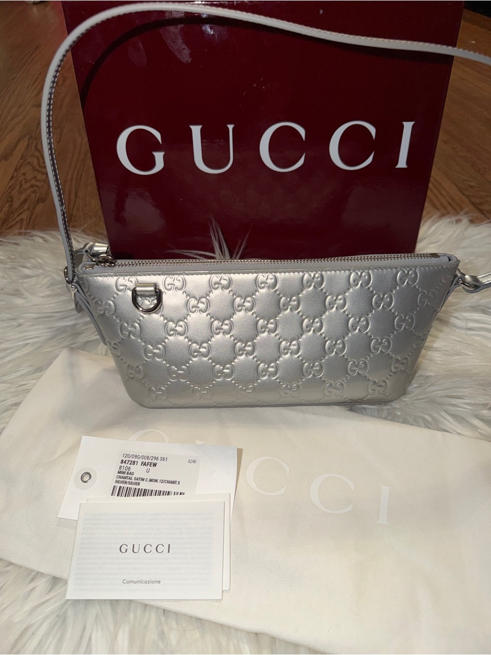 Gucci Silver GG Embossed Leather Shoulder Bag NWT
